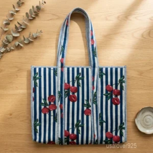 Hand Block Print Quilted Cotton Tote Bag with large shoulder handles showing the traditional floral artisan pattern design.