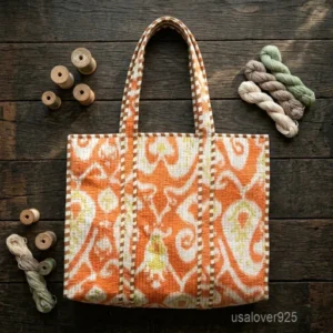 Hand Block Print Quilted Cotton Tote Bag with large shoulder handles showing the traditional artisan natural-dyed botanical design.