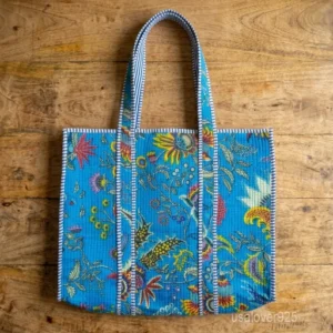 Handmade Block Print Quilted Indian Cotton Tote Bag with large travel shoulder straps showing the traditional hand block botanical pattern.