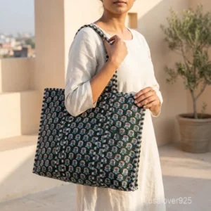 Close-up of the botanical floral print detailing, dense parallel line quilted stitching rows, and comfortable 13-inch shoulder handles on an Indian cotton tote bag.