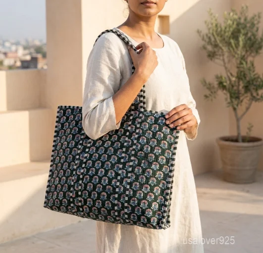 Close-up of the botanical floral print detailing, dense parallel line quilted stitching rows, and comfortable 13-inch shoulder handles on an Indian cotton tote bag.