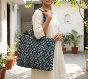 Floral Indian Cotton Quilted Tote Bag with large shoulder handles showing the traditional hand block print design.