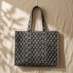 Floral Indian Cotton Quilted Tote Bag with large shoulder handles showing the traditional hand block print design.