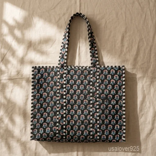 Floral Indian Cotton Quilted Tote Bag with large shoulder handles showing the traditional hand block print design.