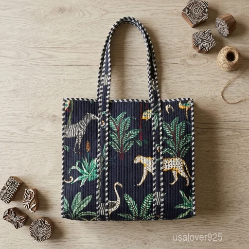 Close-up of the handcrafted black jungle print detailing, dense quilted stitching texture lines, robust handle strap attachments, and neat inner pocket slot on an Indian cotton carryall tote.