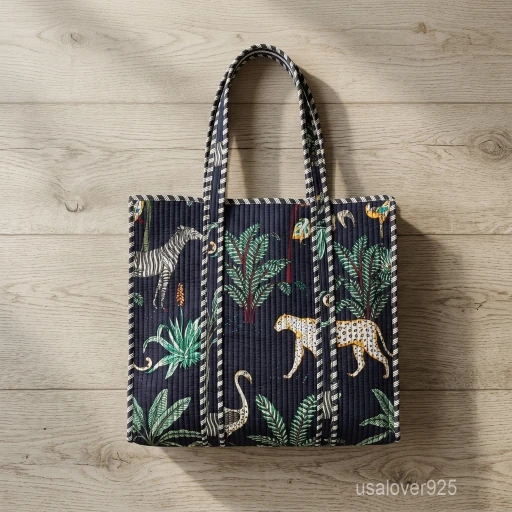 Jungle Print Quilted Cotton Tote Bag showing the traditional hand block print artisan design with the spacious main compartment opening and reinforced double shoulder handles.