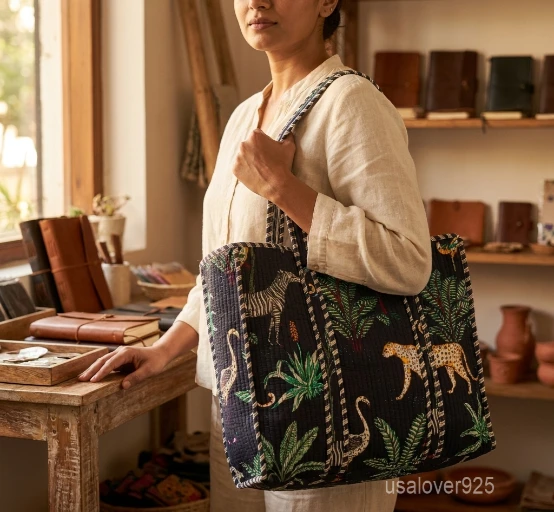 Jungle Print Quilted Cotton Tote Bag showing the traditional hand block print artisan design with the spacious main compartment opening and reinforced double shoulder handles.