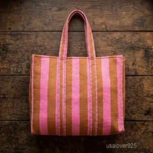 Pink Brown Stripe Quilted Cotton Tote Bag showing the traditional hand block print artisan design with the spacious main compartment opening and reinforced double shoulder handles.