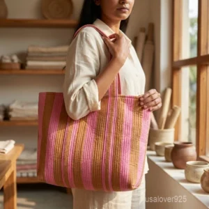 Pink Brown Stripe Quilted Cotton Tote Bag showing the traditional hand block print artisan design with the spacious main compartment opening and reinforced double shoulder handles.
