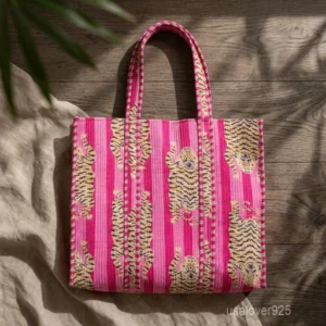 Pink Tiger Quilted Cotton Tote Bag showing the traditional hand block print artisan design with the spacious main compartment opening and reinforced double shoulder handles.
