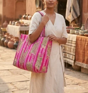 A shopper carrying the Pink Tiger Quilted Cotton Tote Bag by the wide straps, showcasing its generous packing capacity and vibrant bohemian accessory style at a beach resort.