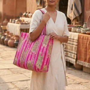 A shopper carrying the Pink Tiger Quilted Cotton Tote Bag by the wide straps, showcasing its generous packing capacity and vibrant bohemian accessory style at a beach resort.