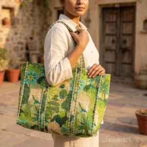 Mughal Garden Peacock Print Quilted Tote Bag showing the traditional hand block print artisan design with the spacious main compartment opening and reinforced shoulder straps.