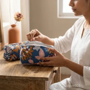 Floral Cotton Toiletry Bags Set showing the traditional Jaipur artisan design and secure zipper closures with cotton tassels.