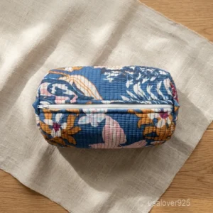 Floral Cotton Toiletry Bags Set showing the traditional Jaipur artisan design and secure zipper closures with cotton tassels.
