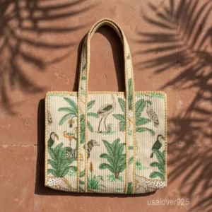 A person carrying a large Indian Block Print Quilted Cotton Tote Bag comfortably over their shoulder during an outdoor weekend travel trip.