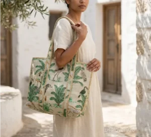 Indian Block Print Quilted Cotton Tote Bag with large shoulder handles showing the traditional artisan natural-dyed botanical design.