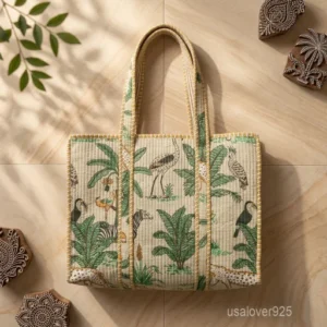 Indian Block Print Quilted Cotton Tote Bag with large shoulder handles showing the traditional artisan natural-dyed botanical design.