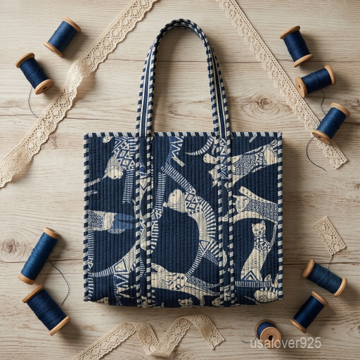 A woman carrying the Indigo Cat Quilted Cotton Tote Bag by the wide straps, showcasing its relaxed square profile and vibrant boho accessory style at a farmers market.