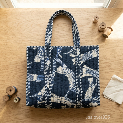 Indigo Cat Quilted Cotton Tote Bag showing the traditional handcrafted feline block print design with the open-top compartment and reinforced shoulder handles.