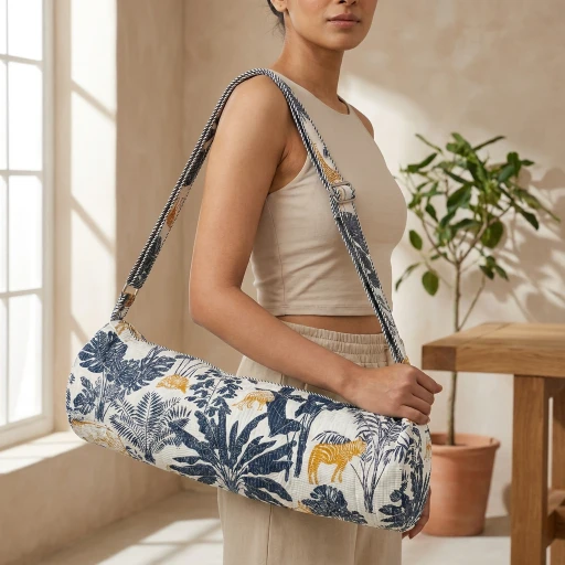 Close-up of the handcrafted indigo blue tiger print detailing, dense quilted stitching texture lines, robust adjustable strap attachments, and clean zip track on an Indian cotton Pilates carrier bag.