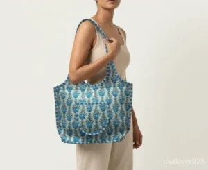 Jeep Flower Quilted Cotton Tote Bag with comfortable over-the-shoulder handles held against a natural background.