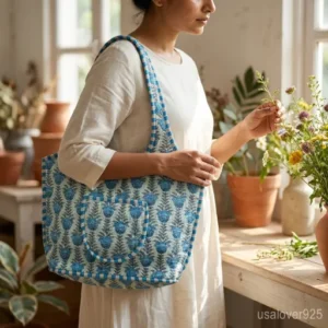 Jeep Flower Quilted Cotton Tote Bag with comfortable over-the-shoulder handles held against a natural background.