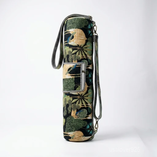 Woman walking to a workout studio carrying a Jungle Print Quilted Cotton Yoga Mat Bag comfortably as a crossbody sling.