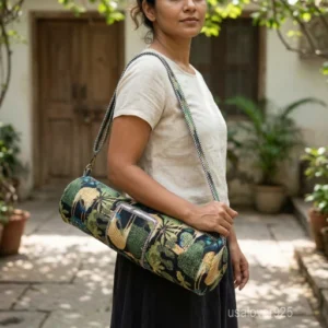 Jungle Print Quilted Cotton Yoga Mat Bag with an adjustable shoulder strap showing the vibrant green tropical foliage pattern.