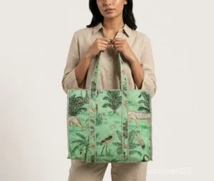 Close-up of the exotic jungle print detailing, dense parallel line quilted stitching rows, extra-wide 7-inch deep bottom gusset base, and comfortable handles on an Indian cotton tote bag.