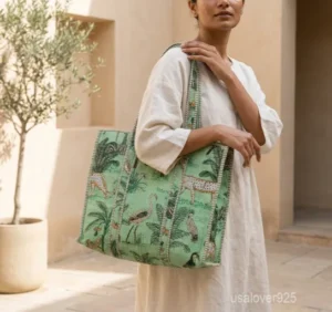 Jungle Safari Quilted Cotton Tote Bag with large shoulder handles showing the traditional artisan wild cat and jungle print design.