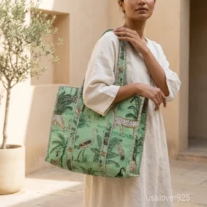 Jungle Safari Quilted Cotton Tote Bag with large shoulder handles showing the traditional artisan wild cat and jungle print design.