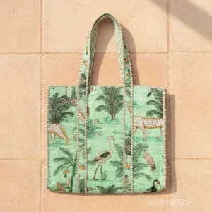 Jungle Safari Quilted Cotton Tote Bag with large shoulder handles showing the traditional artisan wild cat and jungle print design.
