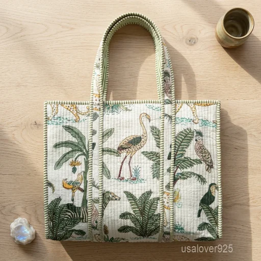 A person carrying a large Indian Block Print Quilted Cotton Tote Bag comfortably over their shoulder during a casual weekend getaway trip.