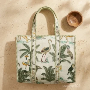 Indian Block Print Quilted Cotton Tote Bag with large shoulder handles showing the traditional artisan natural-dyed pattern design.