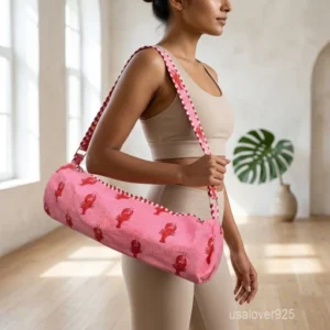 Lobster Print Yoga Bag showing the traditional hand block print artisan design with the full-length zipper closure, outer zip pocket, and adjustable shoulder strap.