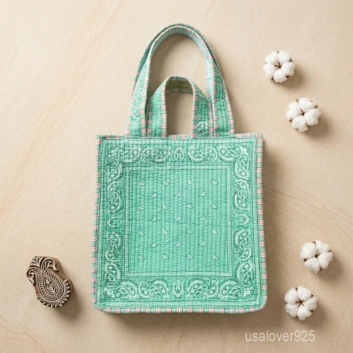 A person holding a square Mint Green Quilted Cotton Tote Bag by its double handles during a casual weekend outing.