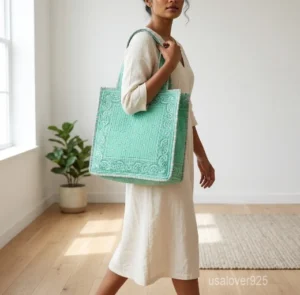 Mint Green Quilted Cotton Tote Bag with double shoulder straps showing the traditional handprinted paisley design.