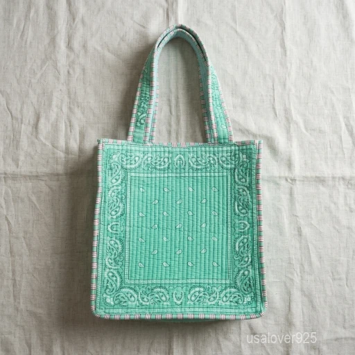 Mint Green Quilted Cotton Tote Bag with double shoulder straps showing the traditional handprinted paisley design.