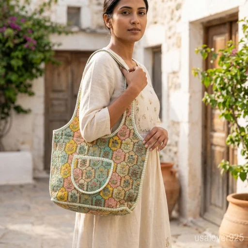 Mixed Floral Quilted Boho Tote with comfortable over-the-shoulder straps featuring an ethnic multi-color flower print.