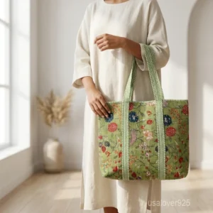 Multicolor Floral Block Print Quilted Cotton Tote Bag with large shoulder handles showing the vibrant botanical artisan design.
