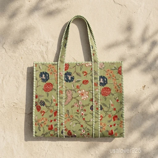 Multicolor Floral Block Print Quilted Cotton Tote Bag with large shoulder handles showing the vibrant botanical artisan design.