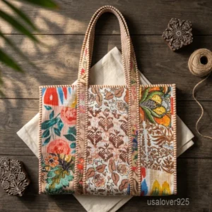 A person carrying a large Multicolor Floral Quilted Cotton Tote Bag comfortably over their shoulder during a casual weekend trip to the beach.
