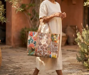 Multicolor Floral Quilted Cotton Tote Bag with shoulder straps showing the traditional handprinted botanical pattern.