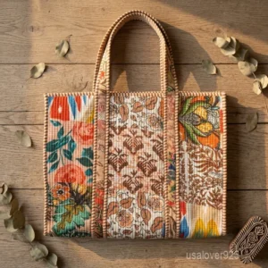 Multicolor Floral Quilted Cotton Tote Bag with shoulder straps showing the traditional handprinted botanical pattern.