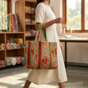 Multicolor Quilted Cotton Tote Bag with large shoulder handles showing the vibrant traditional handprinted artisan design.