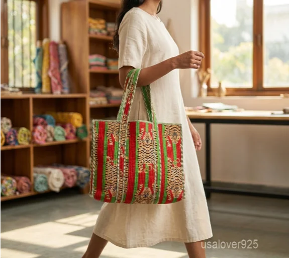 Multicolor Quilted Cotton Tote Bag with large shoulder handles showing the vibrant traditional handprinted artisan design.