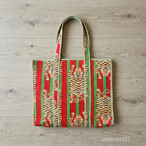 Multicolor Quilted Cotton Tote Bag with large shoulder handles showing the vibrant traditional handprinted artisan design.