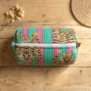 Set of 3 Multicolor Quilted Toiletry Bag Set nesting configuration showing the traditional block print artisan design and secure zipper lines.