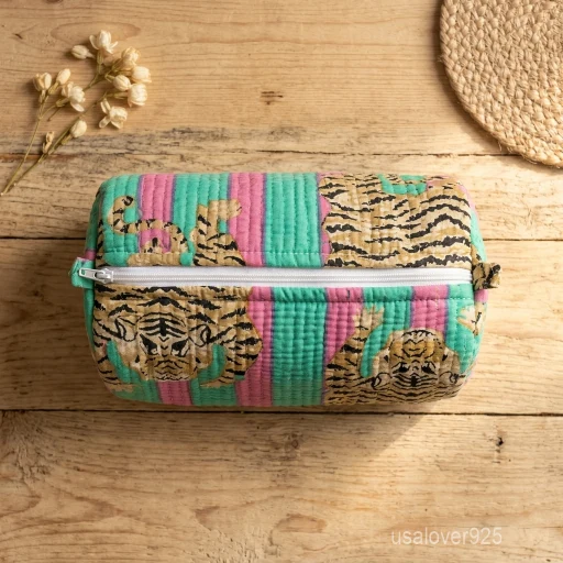 Set of 3 Multicolor Quilted Toiletry Bag Set nesting configuration showing the traditional block print artisan design and secure zipper lines.